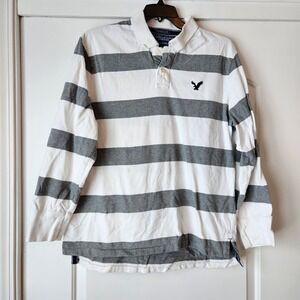 American Eagle Long Sleeve Gray White Striped Eagle Polo Mens XL Rugby‎ Preppy